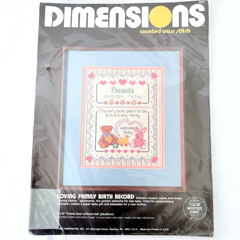 Vintage 1983 Dimensions Loving Family Birth Record Counted Cross Stitch Kit 3561